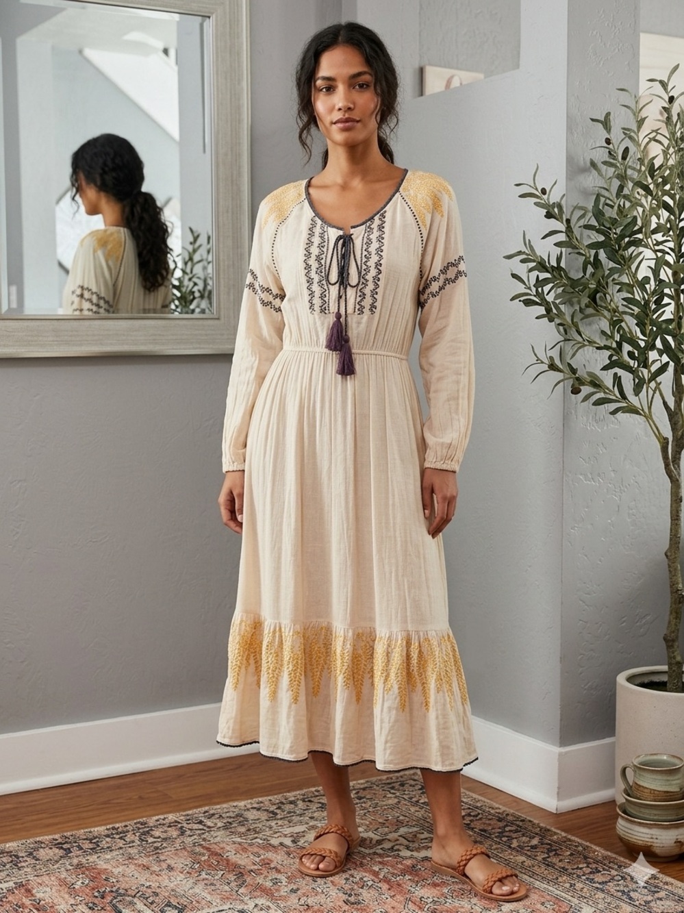 Hazel Boho Peasant Embroidered Lace Front Tassle Cottage-core Dress Size Medium